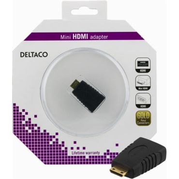 DELTACO HDMI-sovitin, mini HDMI uros - HDMI naaras, 19-pin, kullatut liittimet | HDMI