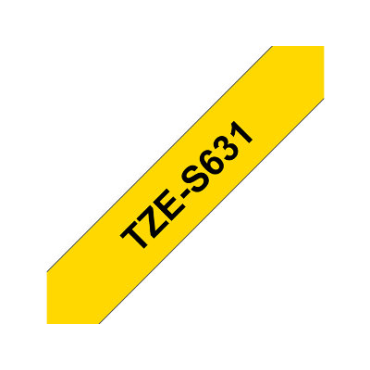 Brother TZe-S631 keltainen pohja/musta teksti, Supervahva Laminoitu Tarranauha (12mm x 8m) | Brother TZe-tarrat