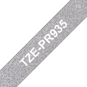 Brother TZe-PR935 kimaltava hopeanvärinen pohja/valkoinen teksti, Laminoitu Tarranauha (12mm x 8m) | Brother TZe-tarrat
