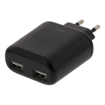 Seinälaturi, 230V - 5V USB, 4,8A, 2 USB-porttia, musta