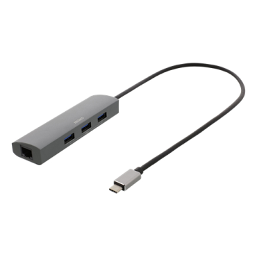 DELTACO USB-C Hub and Network Adapter, USB-C ha, RJ45 ho, 3xUSB-A 3.0, 0.4m cable, space gray