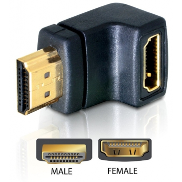 HDMI-sovitin, 19-pin uros - naaras, kulmaliitin, kullatut liittimet | Adapterit / Adapterikaapelit