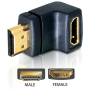 HDMI-sovitin, 19-pin uros - naaras, kulmaliitin, kullatut liittimet | Adapterit / Adapterikaapelit