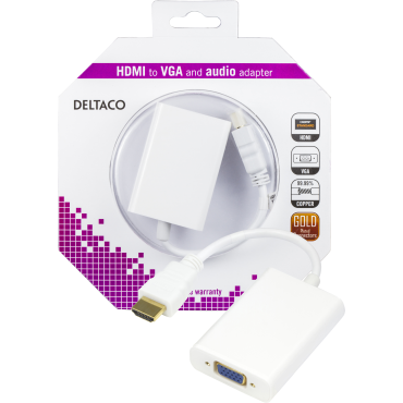 HDMI - VGA ääni-sovitin, 19-pin ur - 15-pin na ja 3,5mm na, ulkoinen virta, 1080p, 0,2m, valkoinen