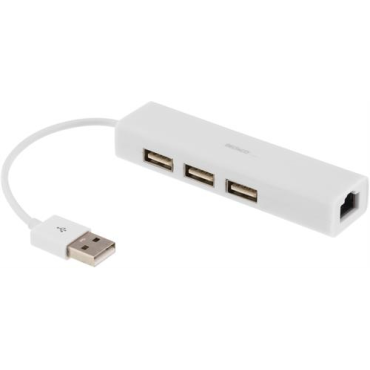 USB-verkkosovitin ja -HUB, 10/100 Mbps, 1 x RJ45, 3 x Type A naaras, valkoinen
