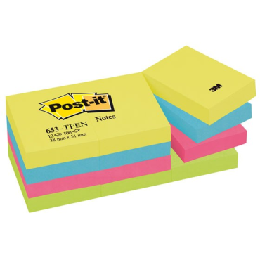 Post-it® viestilaput Energetic-värilajitelma, 38 x 51mm, 12 lehtiötä