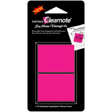 CLEARNOTE  viestilappu, 38x50mm,  läpinäkyvä pinkki