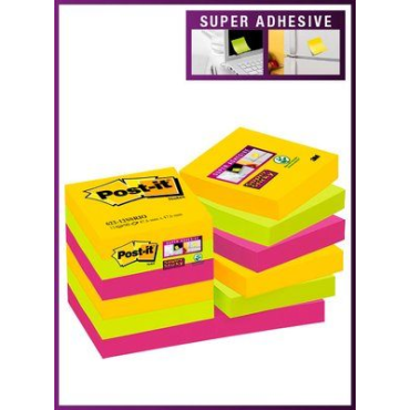 Post-it® Super Sticky -viestilaput, Carnival-värilajitelma, 47.6 mm x 47.6 mm, 90 arkkia/lehtiö, 12 | Viestilaput ja teippimerki