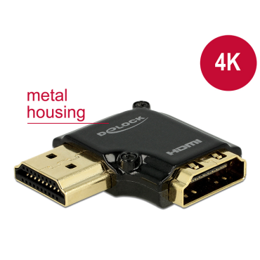 HDMI-sovitin, 19-pin n-u, kulmaliitin 90° vasemmalle, 3840x2160 60Hz, kullatut liittimet,musta
