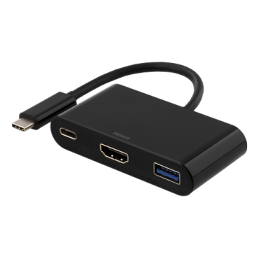 DELTACO sovitin USB-C - HDMI ja USB Type A, USB-C-naarasliitäntä lataamista varten, 60 W, Ultra HD 3 | POISTOKORI