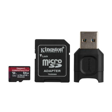 KINGSTON 64GB microSDXC React Plus SDCR2 w/Adapter + MLPM Reader | Muistikortit