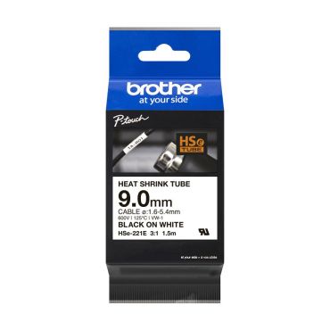 Brother HSe221 Kutistesukka 9,0mm x 1,5 m, musta teksti / valkoinen pohja | Brother TZe-tarrat