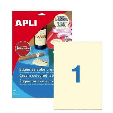 APLI tulostustarra 1-jak 210x297mm kermanvärinen 20arkki/pkt 11802 | Tarrat